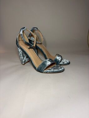 J. Adams Shirley Velvet Block Heel Ankle-Strap Sandals in Silver-Blue Size 7.5